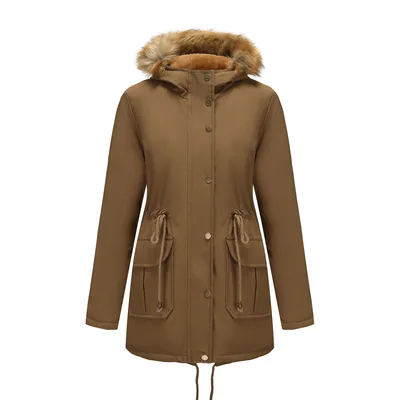 Hooded Women's Mid length Padded Coat With Fur Collar And Defined Waist Khaki - Shop at LoveMi
