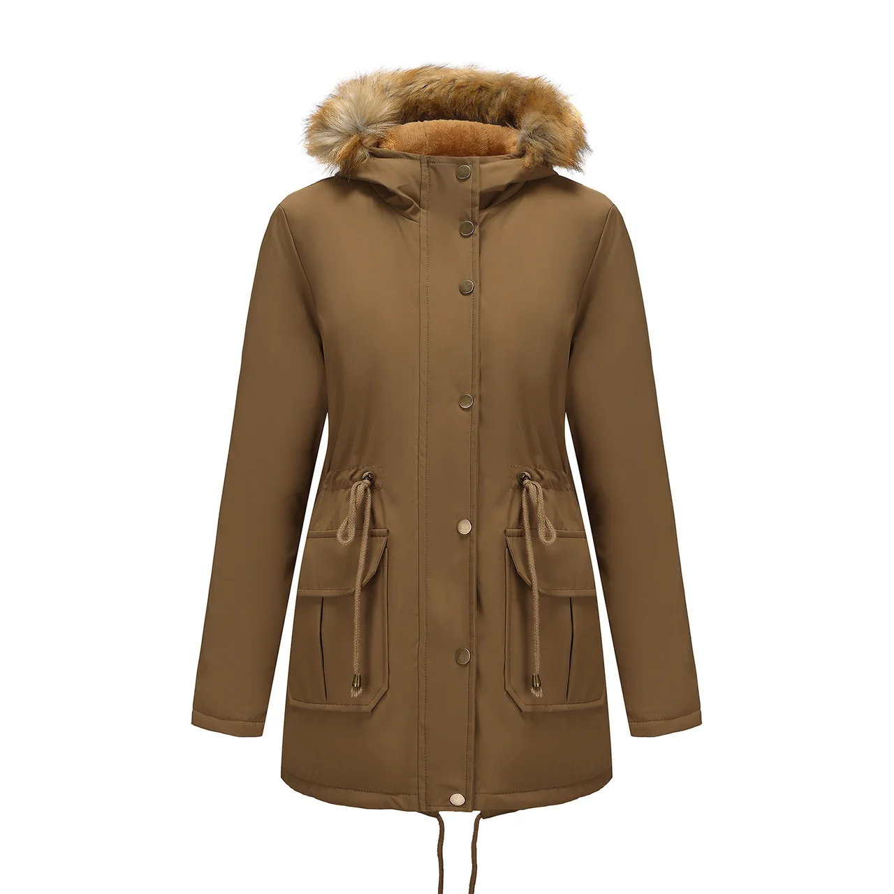 Hooded Women's Mid-length Padded Coat With Fur Collar And Defined Waist - Khaki