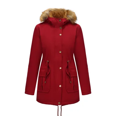 Hooded Women's Mid length Padded Coat With Fur Collar And Defined Waist Wine Red - Shop at LoveMi