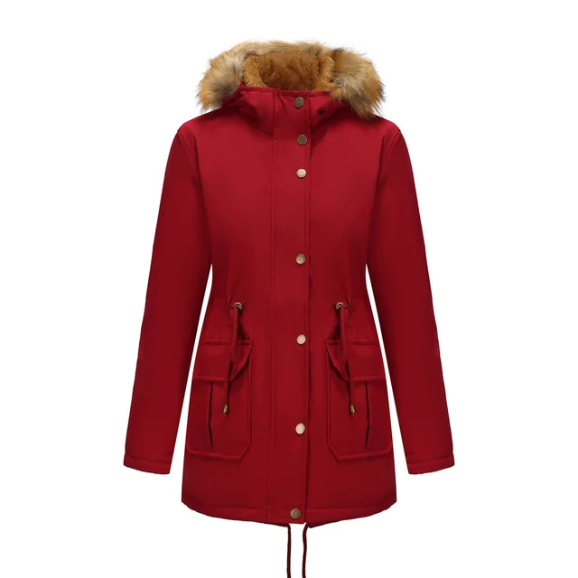 Hooded Women's Mid length Padded Coat With Fur Collar And Defined Waist Wine Red - Shop at LoveMi