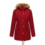 Hooded Women's Mid-length Padded Coat With Fur Collar And Defined Waist - Wine Red