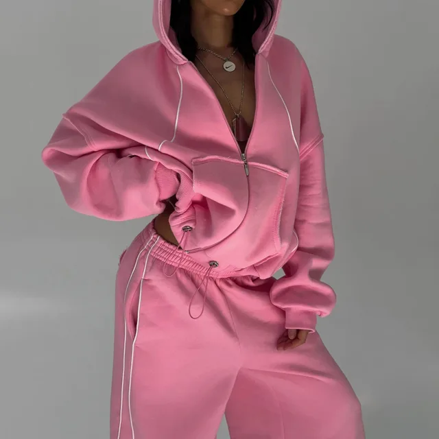Athleisure Zip up Long sleeve Hoodie And Loose fitting Sweatpants Set Pink - Shop at LoveMi
