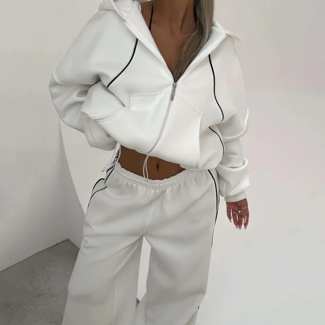 Athleisure Zip up Long sleeve Hoodie And Loose fitting Sweatpants Set White - Shop at LoveMi