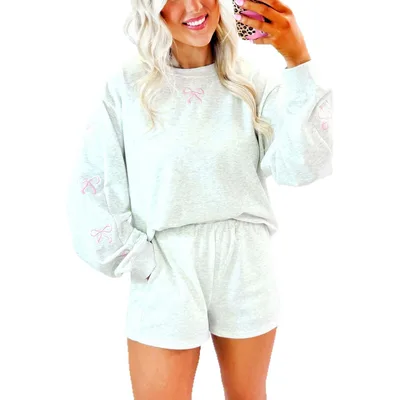 Casual Loose fit Crew neck Pullover Solid color Embroidered Long sleeve Top And Shorts Set Red - Shop at LoveMi