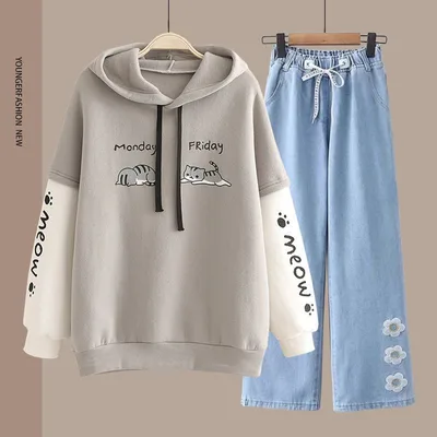 Spring Women's Clothing Student Hoodie Set Preppy style Straight leg Pants Gray Floral Pants - Shop at LoveMi