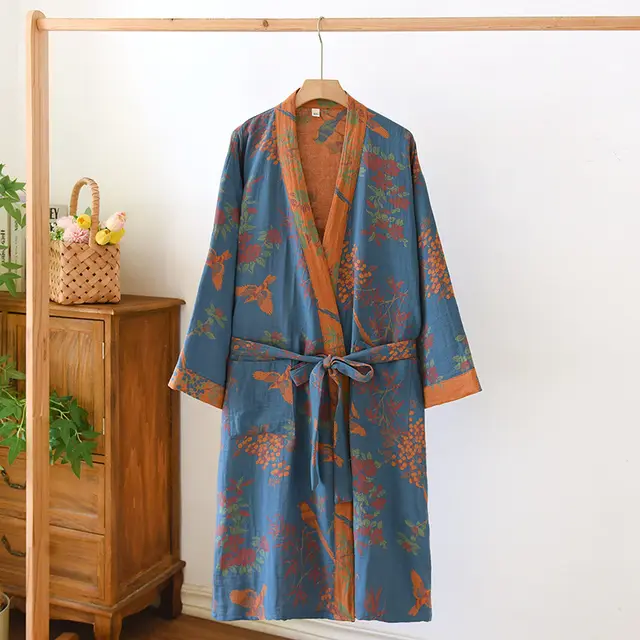 Women's SpringSummer Jacquard Woven Pure Cotton Double Layer Gauze Nightgown Blue - Shop at LoveMi