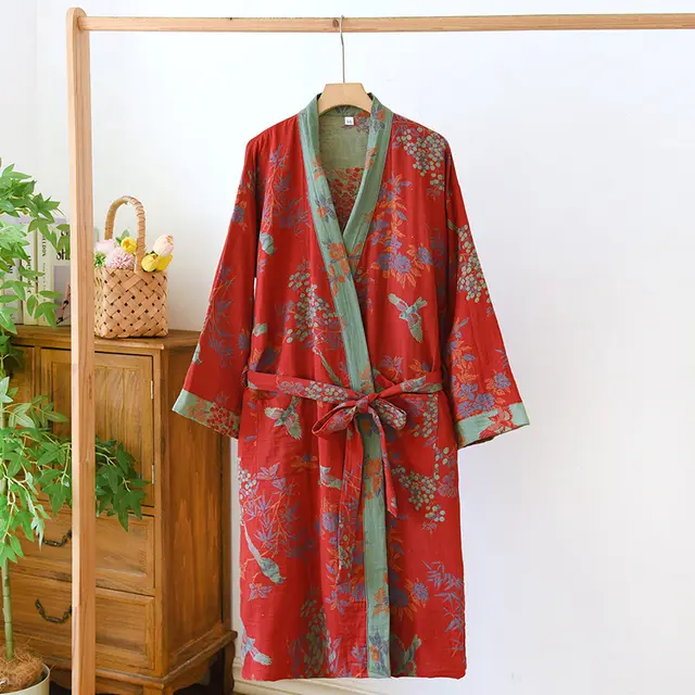 Women's SpringSummer Jacquard Woven Pure Cotton Double Layer Gauze Nightgown Red - Shop at LoveMi