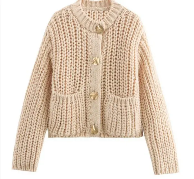 Pocket button Knitted Women's Round neck Ingot Sweater Coat Apricot - Shop at LoveMi