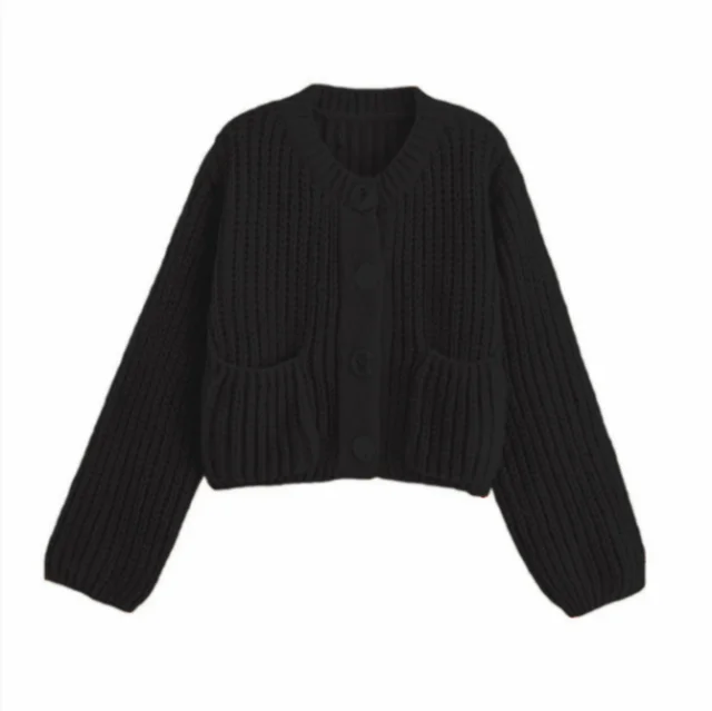 Pocket button Knitted Women's Round neck Ingot Sweater Coat Black - Shop at LoveMi