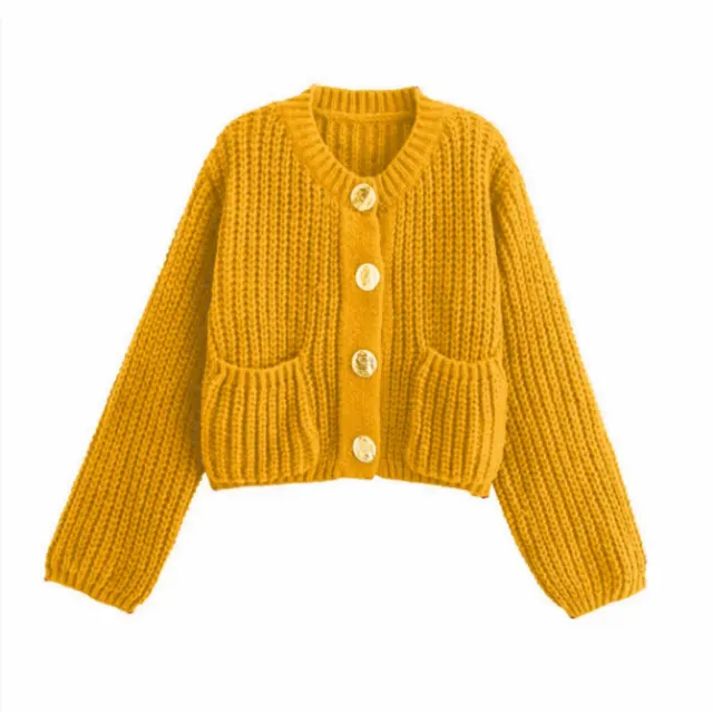 Pocket button Knitted Women's Round neck Ingot Sweater Coat Camel - Shop at LoveMi