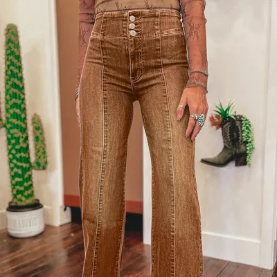 Women's Solid Color Fashionable Casual Slimming Flared Denim Trousers Brown - Shop at LoveMi