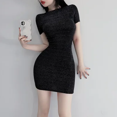 Women's Shiny Silk Slim Fit Dress Short Sleeves And Skirt S - Shop at LoveMi