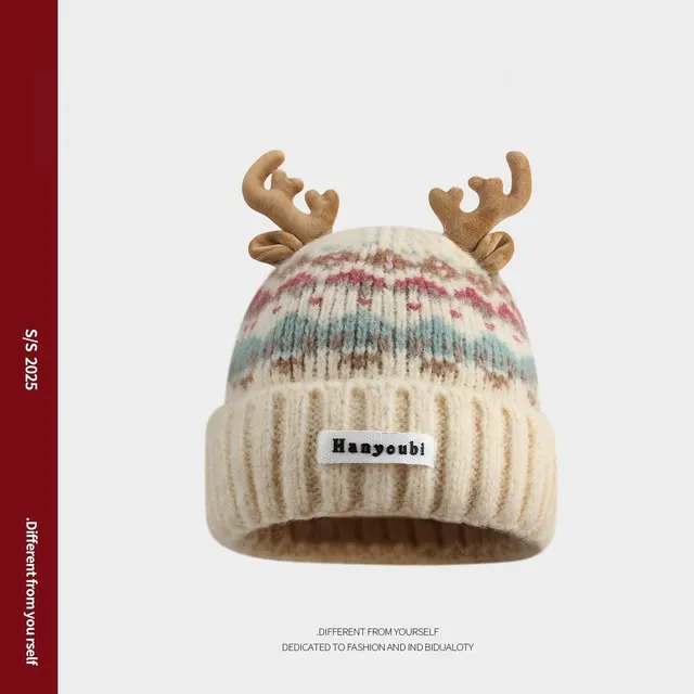 Women's Knitted Hat With Christmas Antlers Thick Warm And Adorable Beige - Shop at LoveMi