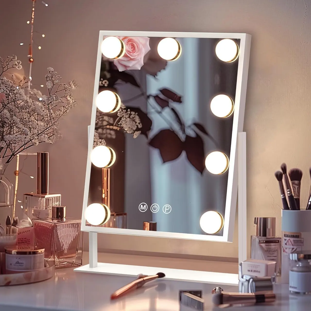 Tabletop Vanity Mirror With Built-in Light Bulb - White