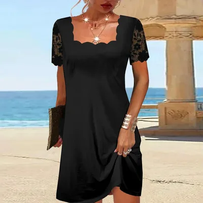 Fashionable Short sleeve Square neck Dress With Lace Trim Black - Shop at LoveMi
