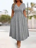 Waist Cinching Elegant Dress With A Vneck Shimmering Powder Finish Twisted Ribbon Detailing And Pocket Design - Gray