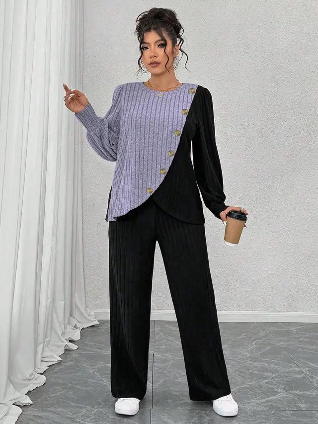 Round neck Long sleeve Soft Knit With Textured Color Blocks And Asymmetrical Design Purple - Shop at LoveMi