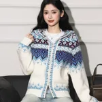 Christmas-themed Fair Isle Jacquard Hooded Sweater Coat - White