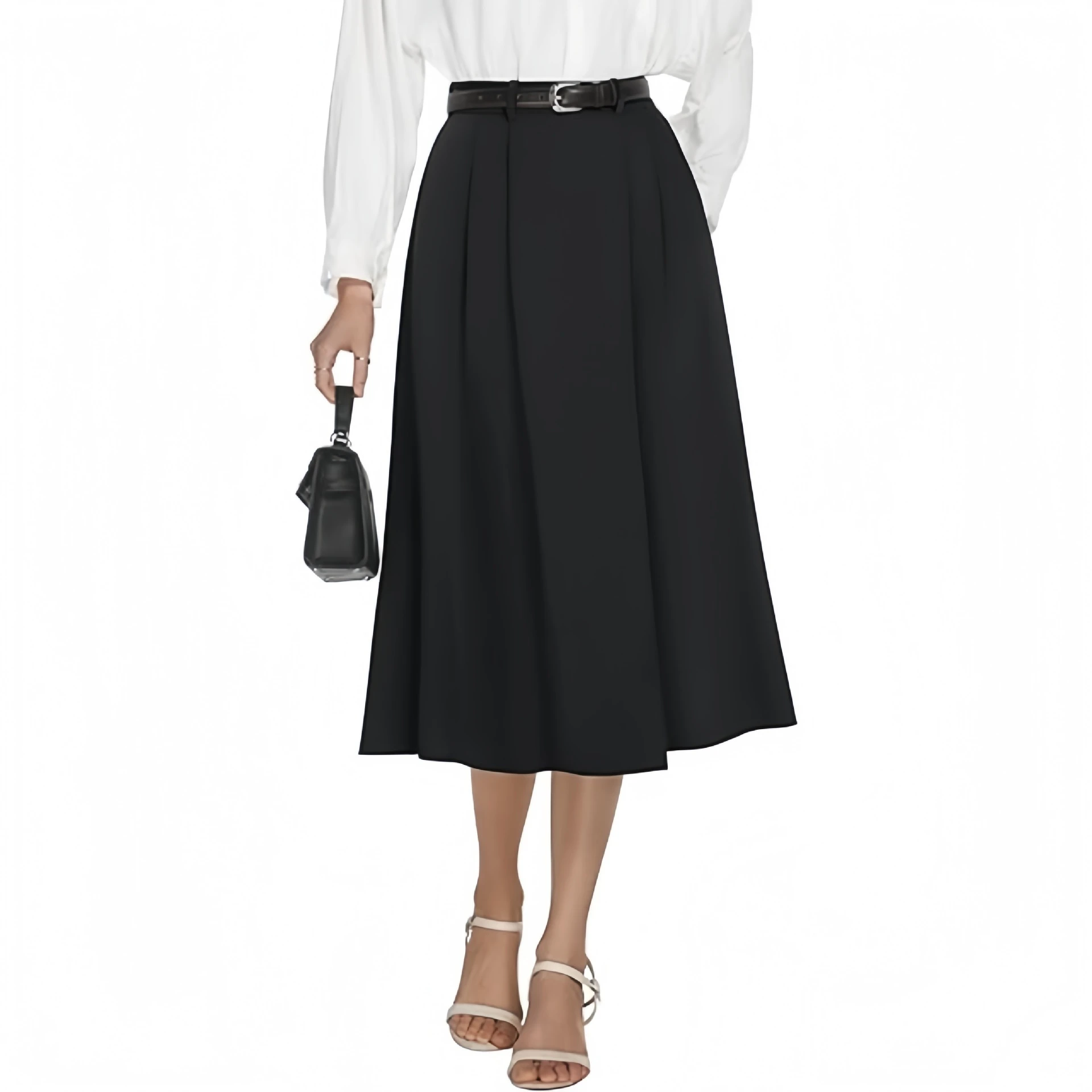 Business-casual Flared A-line Pleated Skirt With Pockets - Black