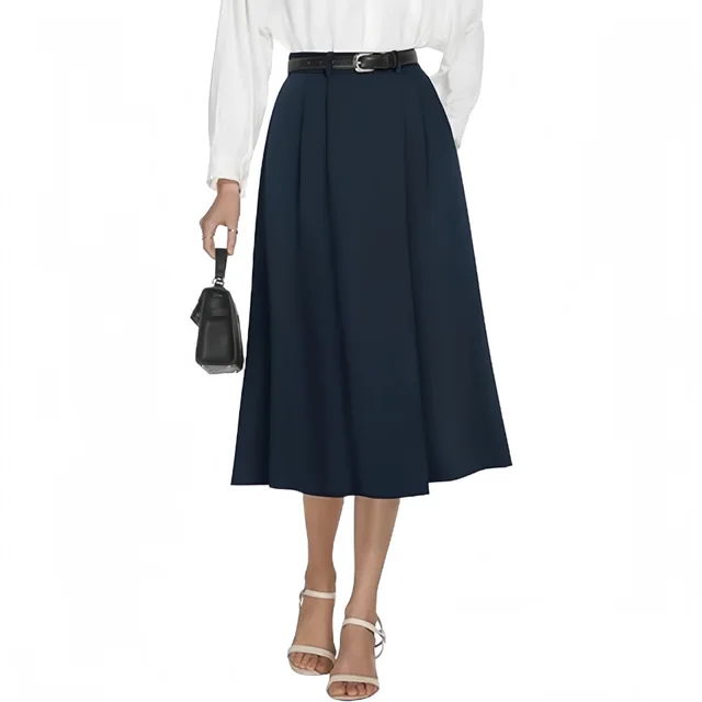 Business casual Flared A line Pleated Skirt With Pockets Navy Blue - Shop at LoveMi