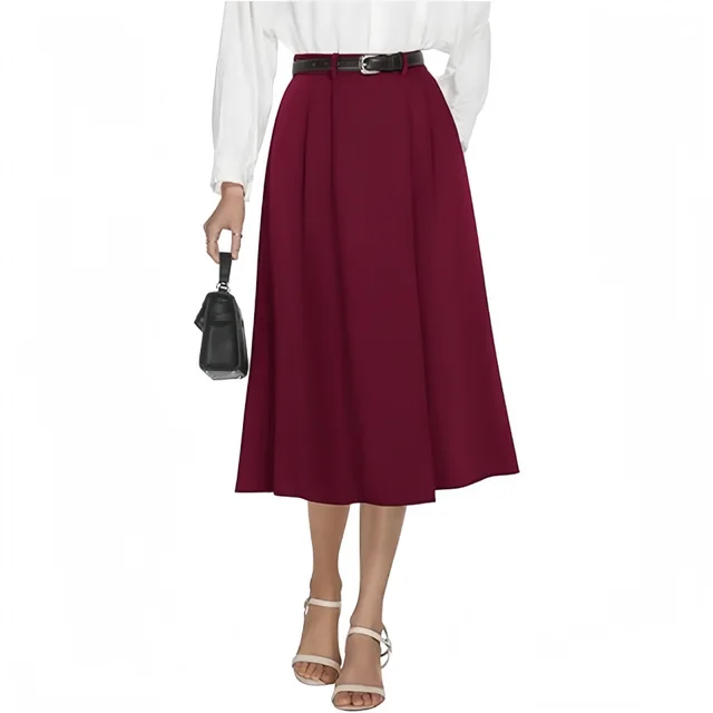 Business casual Flared A line Pleated Skirt With Pockets Wine Red - Shop at LoveMi