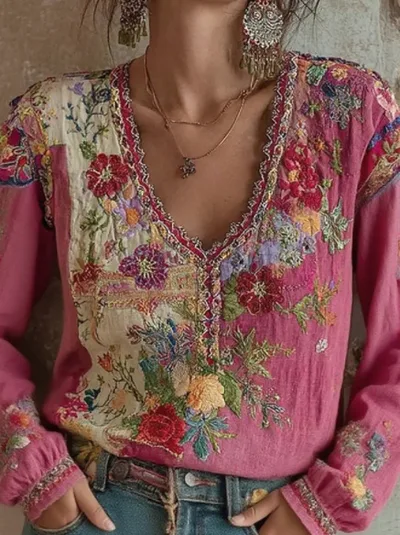 Artistic Printed Crew Neck Long sleeve Blended Fabric T shirt Blouse With Ethnic Style Rose - Shop at LoveMi