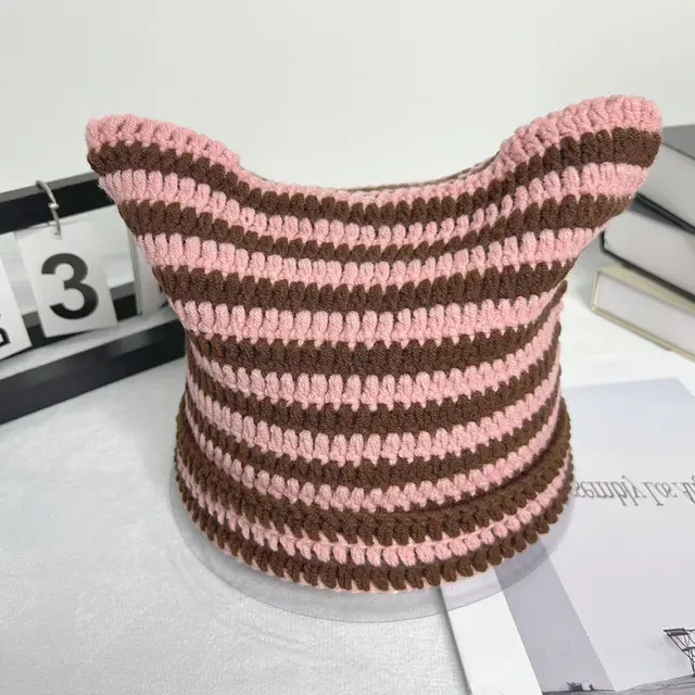 Simple Striped Casual Wool Hat Coffee Pink - Shop at LoveMi