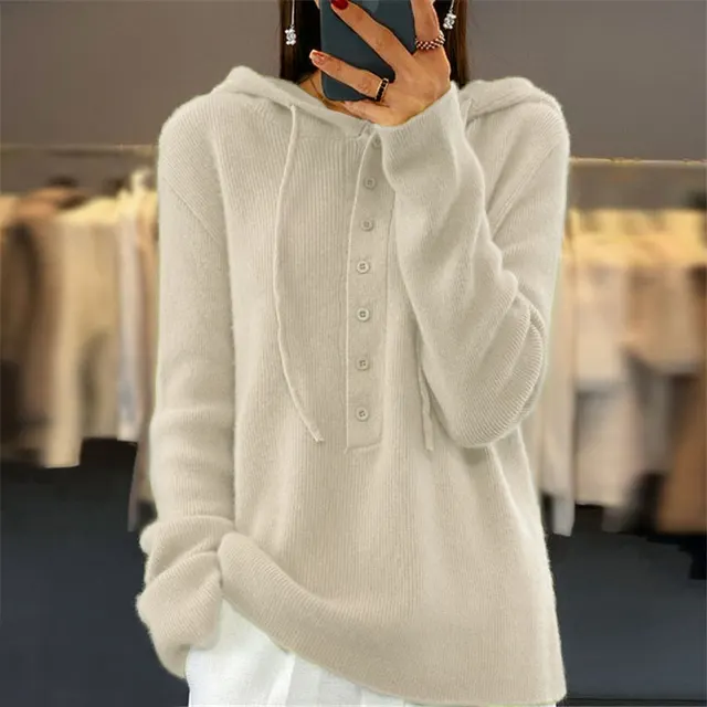Solid color Long sleeve Hooded Knitted Pullover With Drawstring For Women Beige - Shop at LoveMi