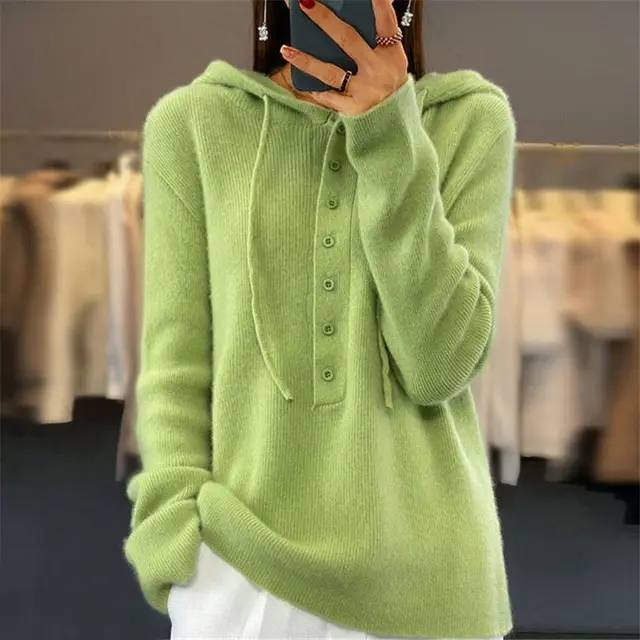 Solid color Long sleeve Hooded Knitted Pullover With Drawstring For Women Fruit Green - Shop at LoveMi