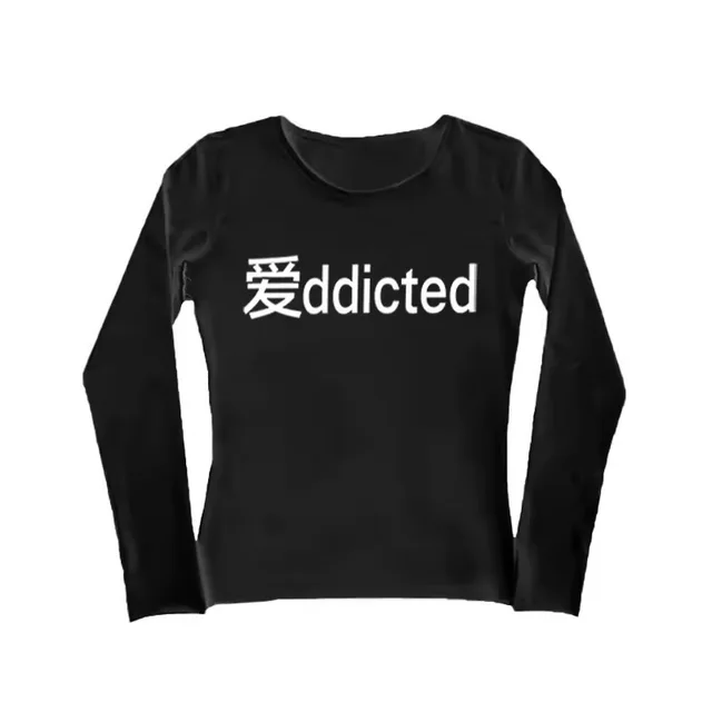 Letter printed Slim fit T shirt Casual Long sleeve Top Black - Shop at LoveMi