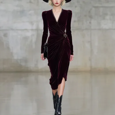V neck Sexy Long sleeve Figure flattering Pleated Velvet Sheath Dress Dark Red - Shop at LoveMi