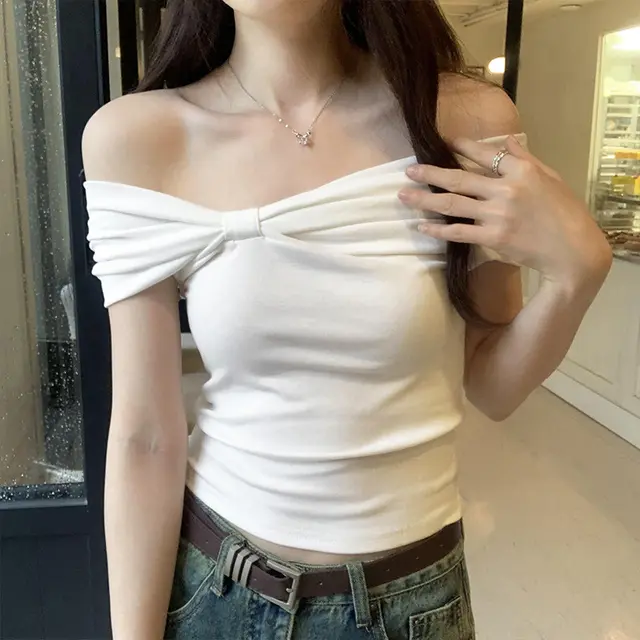 Summer Off shoulder Sweet and spicy Cropped Top With Bow For Students White - Shop at LoveMi