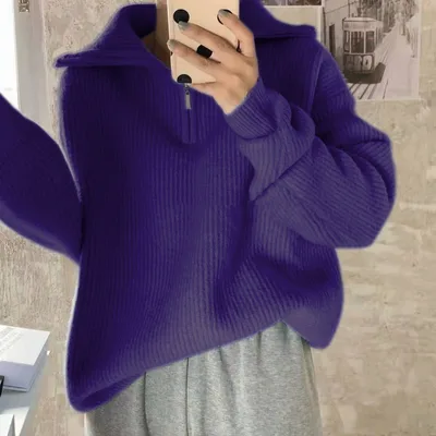 Women's Solid Color Loose Zipper Lapel Stand Up Sweater Purple - Shop at LoveMi