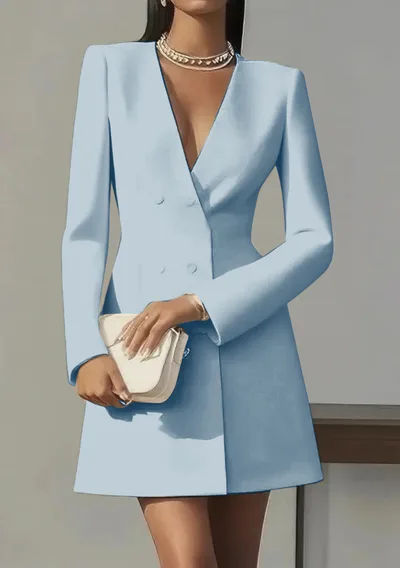 Solid color V neck Suit style French Dress For Women Blue - Shop at LoveMi