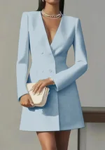 Solid-color V-neck Suit-style French Dress For Women - Blue