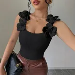 Women's 3D Floral Decorated Knitted Sleeveless Top - Black