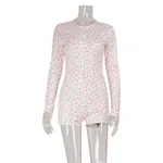 Casual Home Wear Printed Long-sleeve Waist-cinching Jumpsuit - White