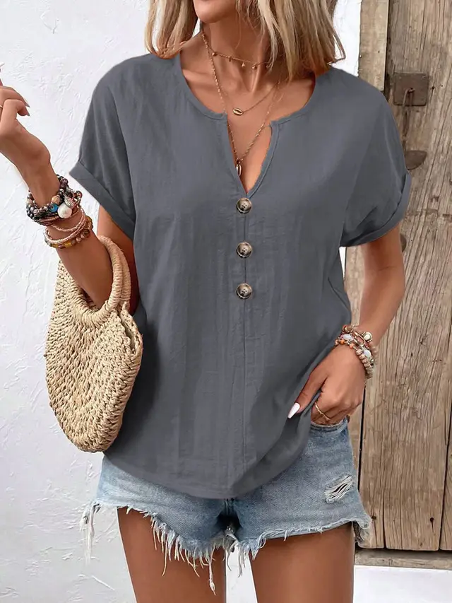Women's Buttoned V neck Short sleeve T shirt Top Gray - Shop at LoveMi
