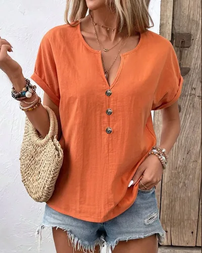 Women's Buttoned V neck Short sleeve T shirt Top Orange - Shop at LoveMi