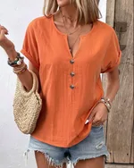 Women's Buttoned V-neck Short-sleeve T-shirt Top - Orange - View 1