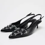 Women's Shoes Low-cut Pointed-toe Rivet-decorated Stilettos - Black