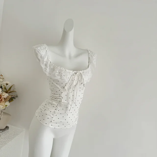 Lace Cap sleeve Ruffled Polka dot Camisole Women's Slim fit Cropped Top White - Shop at LoveMi