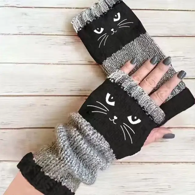 New Autumnwinter Stylish And Warm Patchwork Embroidered Gloves Cat Black Head - Shop at LoveMi