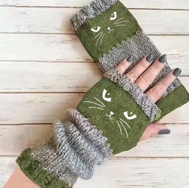 New Autumnwinter Stylish And Warm Patchwork Embroidered Gloves Cat Head Green - Shop at LoveMi