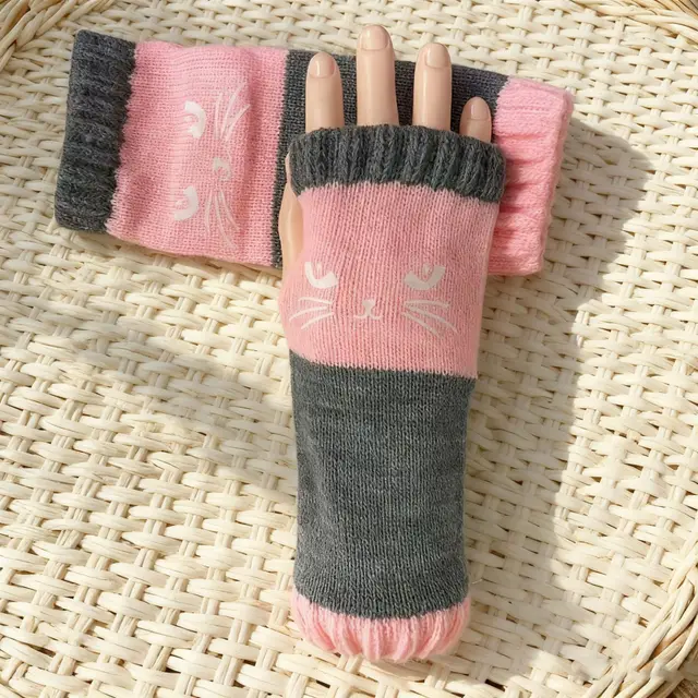 New Autumnwinter Stylish And Warm Patchwork Embroidered Gloves Cat Head Pink - Shop at LoveMi