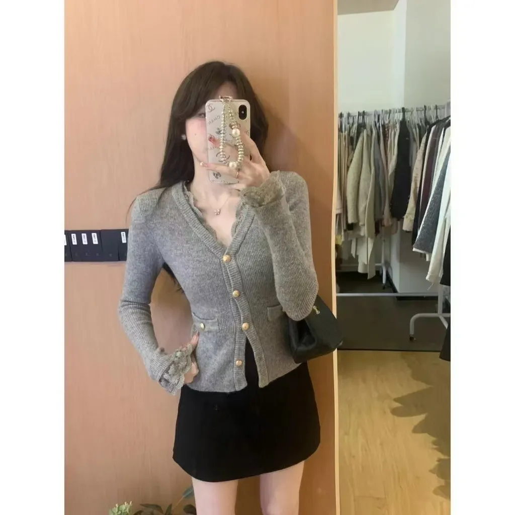 Elegant Lace V-neck Sweater With Golden Buttons - Dark Gray