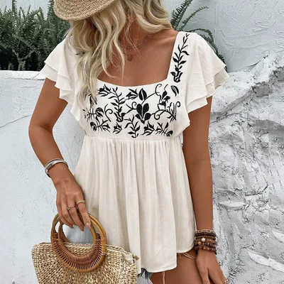 Women's Casual Lace trimmed Square neck Embroidered Shirt Apricot - Shop at LoveMi