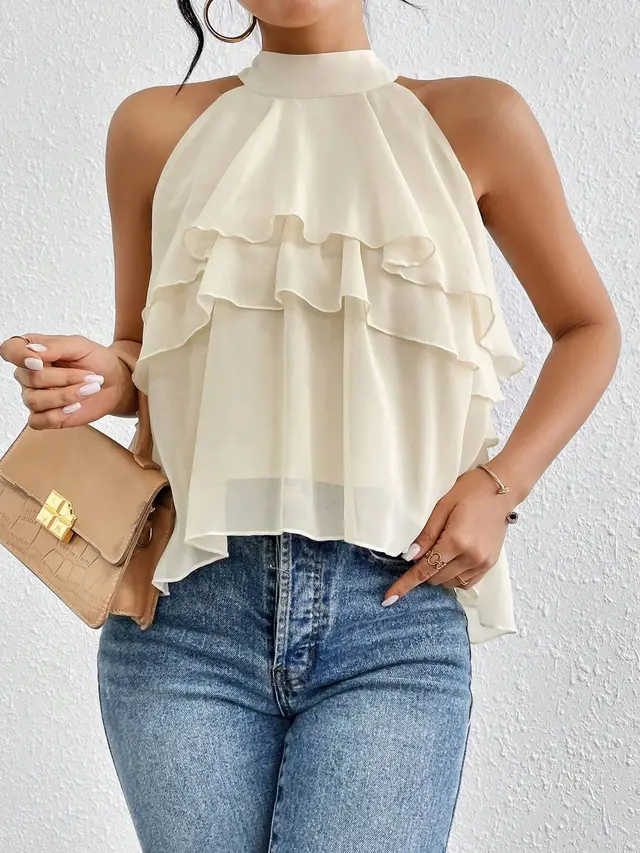 Women's Versatile Solid color Halter neck Sleeveless Top With An Irregular Ruffled Hem Apricot - Shop at LoveMi