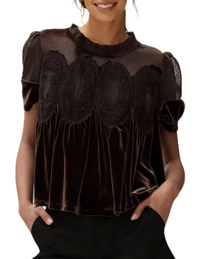Women's Fashion Mesh Embroidered Crew Neck Pullover Solid Color Top Brown - Shop at LoveMi