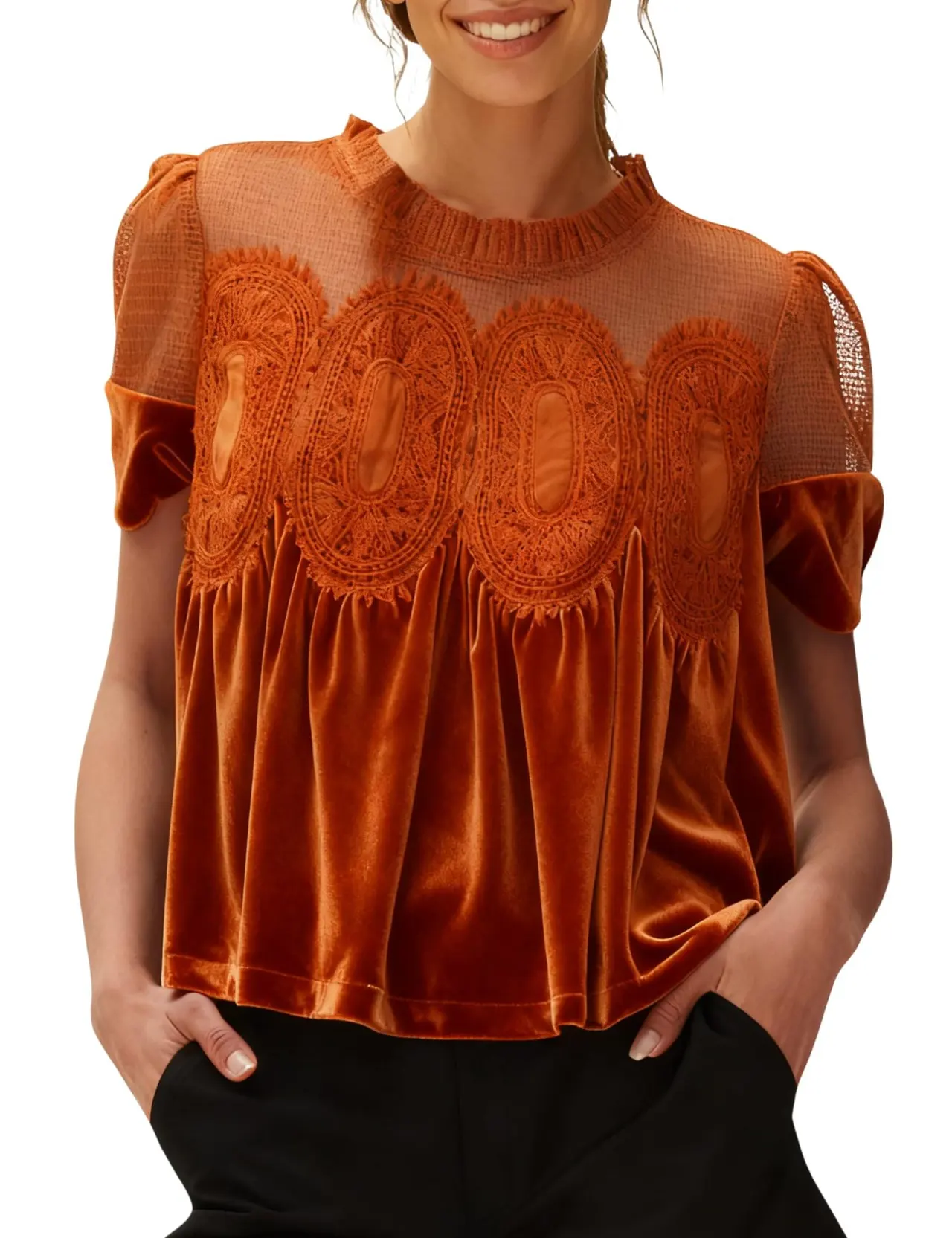 Women's Fashion Mesh Embroidered Crew-Neck Pullover Solid Color Top - Orange